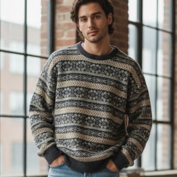 Vintage 90s Shetland Wool Fair Isle Nordic Cabin Fisherman...